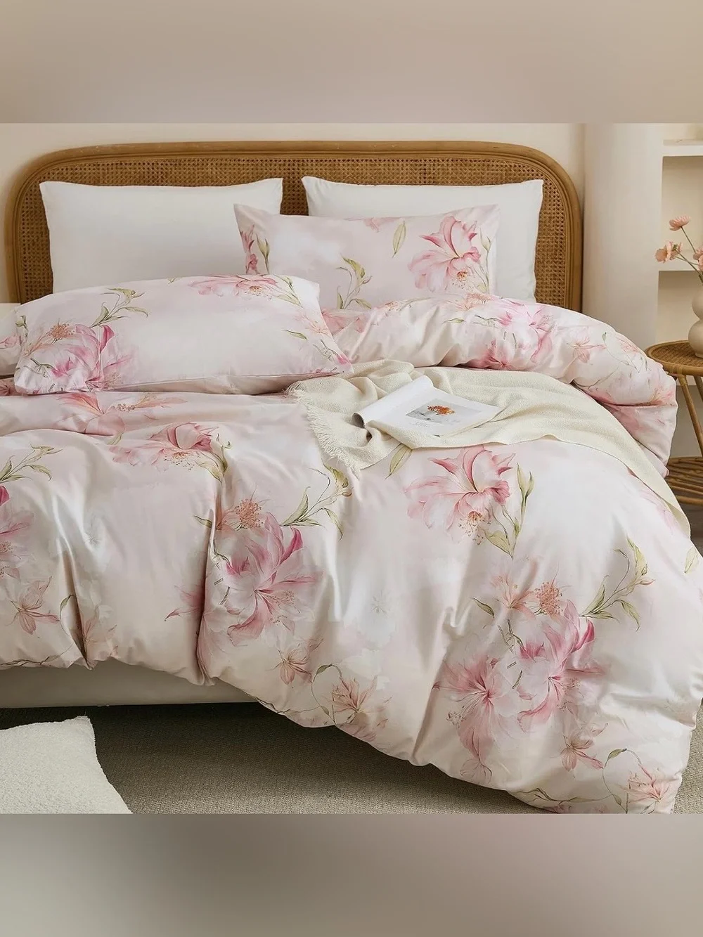 NWOT 100% Cotton Blush Lily Pink Floral 3 Piece Duvet Cover Set, King